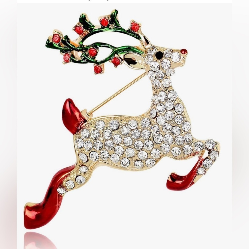 Rudolph the Red-Nosed Reindeer Brooch Cubic Zirconia Encrusted Holiday Pin 🦌 - Picture 11 of 12
